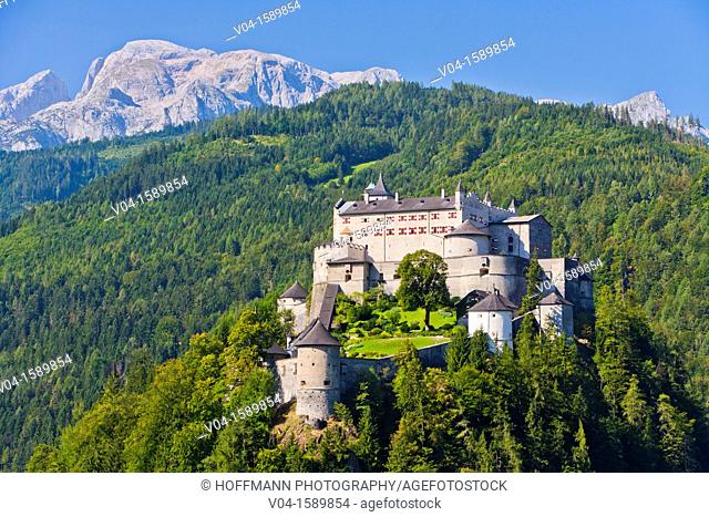 The impressive Hohenwerfen Castle with the Alpes in the background, Austria, Europe