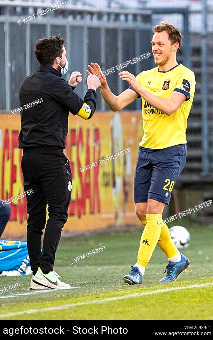Union's Senne Lynen celebrates after scoring during a soccer match between Club NXT and Union Saint-Gilloise, Friday 16 April 2021 in Lokeren