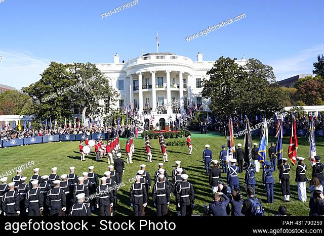 The Old Guard Fife and Drum Corps performs as United States President Joe Biden and first lady Dr. Jill Biden welcome Prime Minister Anthony Albanese of...