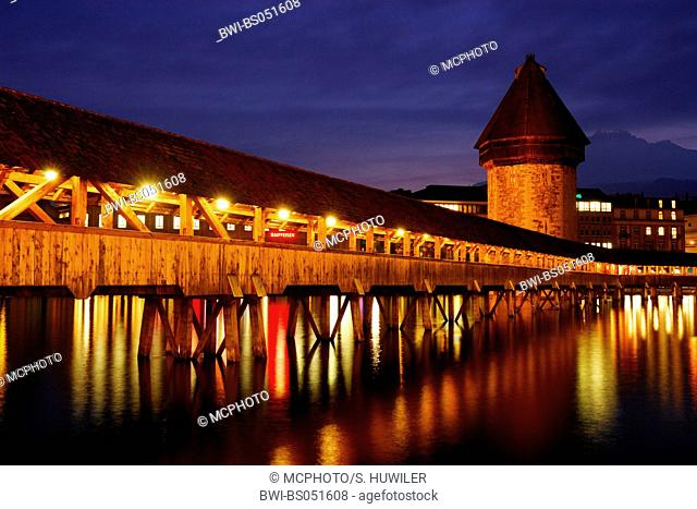 Chapel Bridge and water towr at night, Switzerland, Lucerne