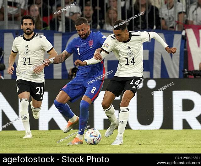 June 7th, 2022, Allianz Arena, Munich, UEFA Nations League Germany vs. England, in the picture Kyle Walker (England), Jamal Musiala (Germany)