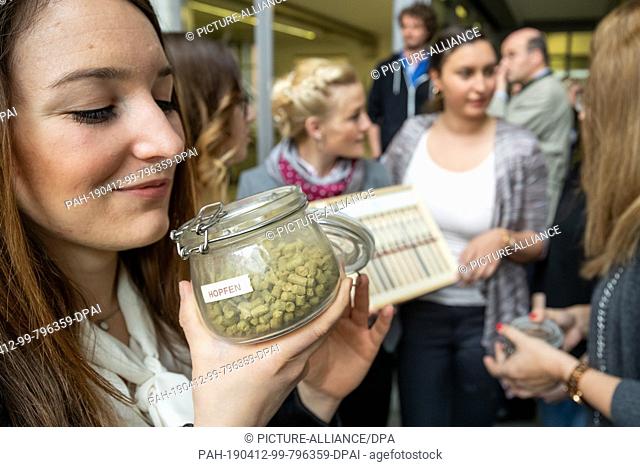 12 April 2019, Bavaria, Kulmbach: The beer princess Carola Landgraf (l), smells in the museums of the Kulmbacher Mönchshof in the ""glass brewery"" at a glass...