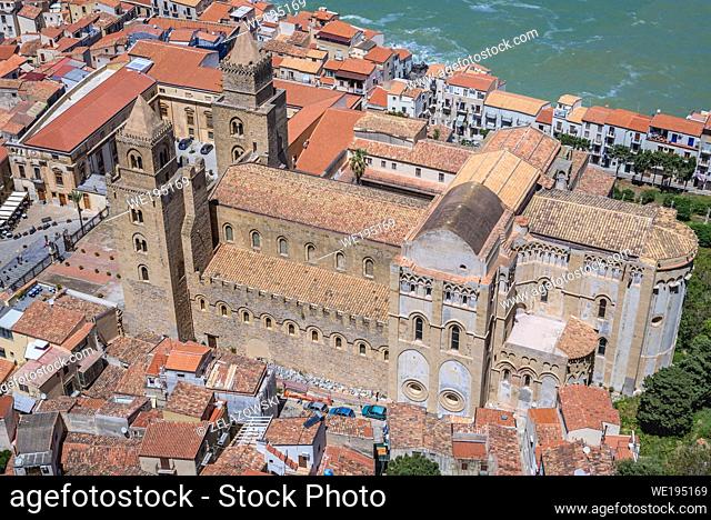 Old Town and Cathedral in Cefalu town, loctaed on the Tyrrhenian coast on Sicily Island, Italy - view from Rocca di Cefalu massif