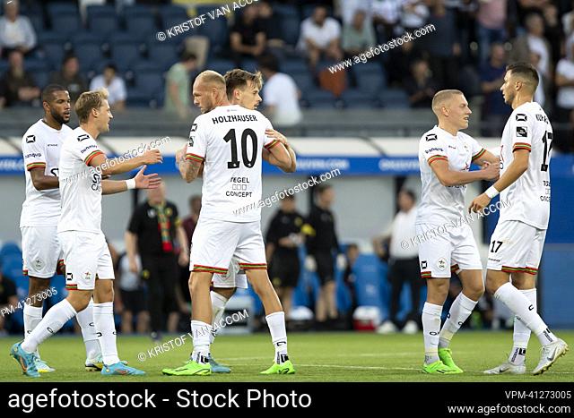 OHL's Raphael Holzhauser and OHL's Mathieu Maertens pictured after a soccer match between Oud-Heverlee Leuven and KV Oostende