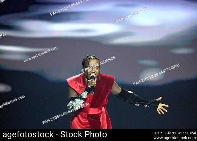17 May 2021, Netherlands, Rotterdam: Singer Tusse (Sweden) performs the song ""Voices"" during the second dress rehearsal of the first semi-final of the...