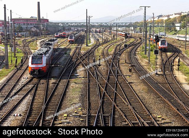 VIENNA, AUSTRIA: Westbahnhof (Western Train Station) and its railroad tracks and trains in Vienna, Austria