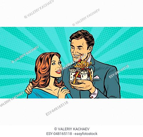 Husband and wife medieval castle as a gift. Pop art retro vector illustration drawing kitsch vintage