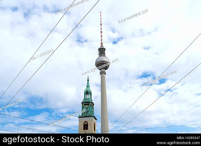 Berlin, historical center, Marienkirche and television tower, framed by power lines