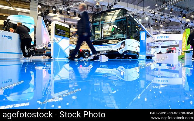 19 September 2022, Lower Saxony, Hanover: An electric bus is on display at Iveco's stand at the IAA Transportation international motor show for commercial...