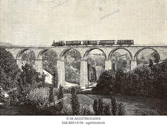 The railway viaduct between Malnate and Vedano Olona, Italy, engraving from a photograph by Fidanza, from L'Illustrazione Italiana, year 12, no 45, November 8