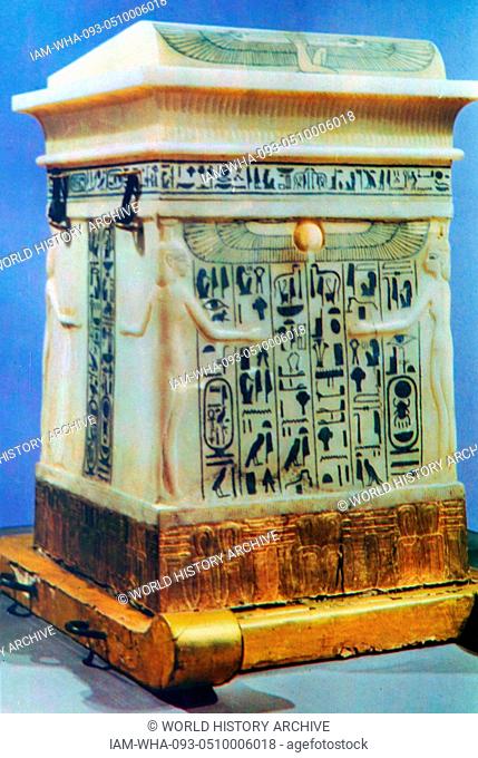 Alabaster canopic chest, used to contain the internal organs of during the process of mummification. From the tomb treasures of Tutankhamen, discovered in 1922