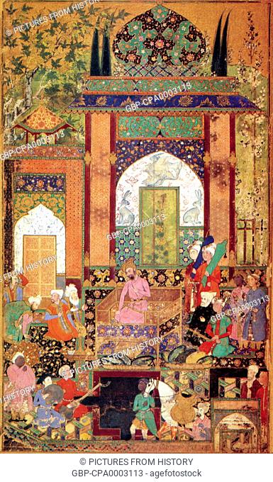 India: The first great Mughal emperor, Babur, receives a courtier in this illustration from a 1589 copy of his autobiography, ‘Barburnama’