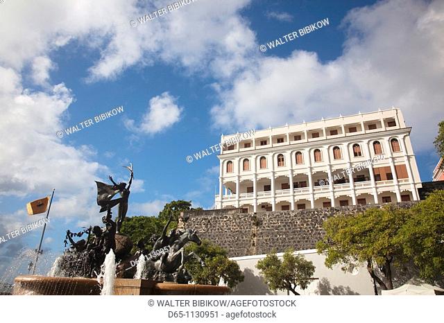 Puerto Rico, San Juan, Old San Juan, Raices Fountain and government Office Building