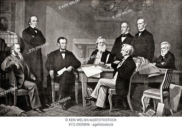First Reading of the Emancipation Proclamation of President Lincoln, 1862. From left to right, Edwin Stanton, Secretary of War, Salmon Chase