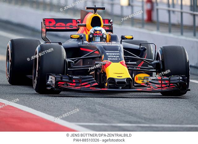 Australian Formula One pilot Daniel Ricciardo of Red Bull can be seen at the Formula One pre-season testing at the Circuit de Catalunya race track in Bracelona