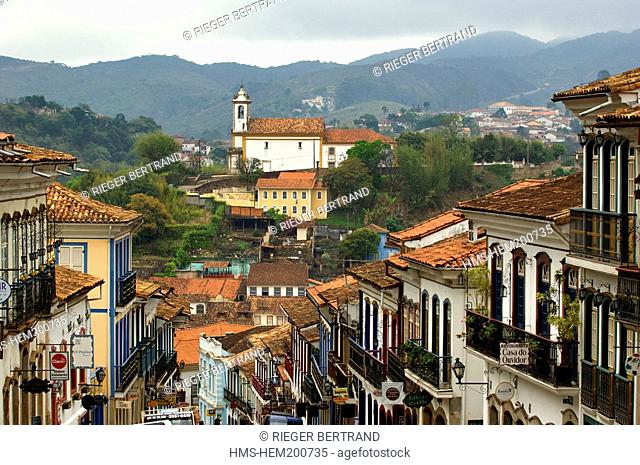 Brazil, Minas Gerais state, Ouro Preto, historical center listed as World Heritage by UNESCO, Conde de Bobadela street and Nossa Senhora do Rosario dos Pretos...