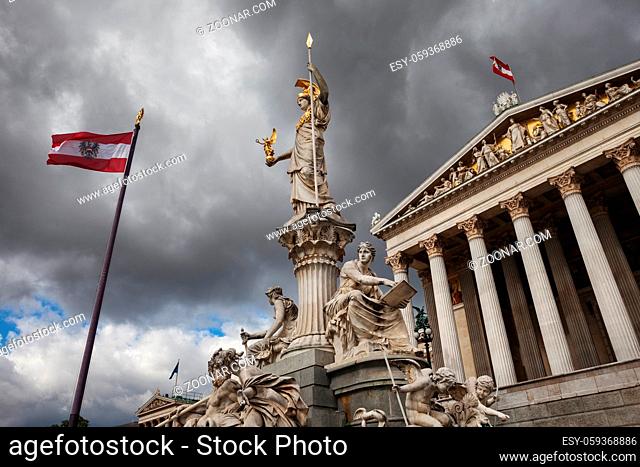Austria, city of Vienna, Greek Goddess Athena statue - Pallas Athene Fountain in front of Austrian Parliament Building