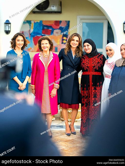 Queen Rania of Jordan with King Carl XVI Gustaf and Queen Silvia of Sweden, and Prince Ali ibn Al Hussein and Princess Rym Ali of Jordan, on November 15, 2022