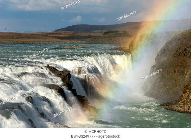 waterfall Gullfoss, at Hvita river with rainbow, Iceland