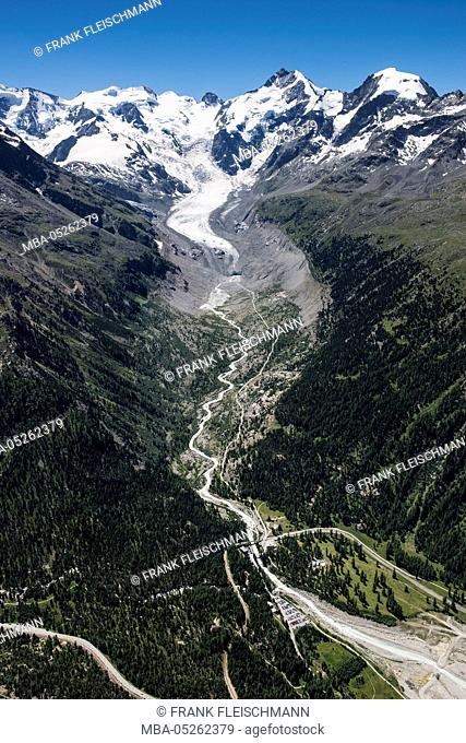 Morteratsch Glacier, Piz Bernina, Biancograt, Piz Palü, Piz Morteratsch, Bellavista, glacier, glacier tongue, Grisons, the Engadine, aerial picture, Switzerland