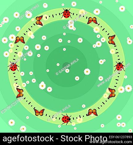 Hoop drawing with butterflies and ladybugs with daisies on green background