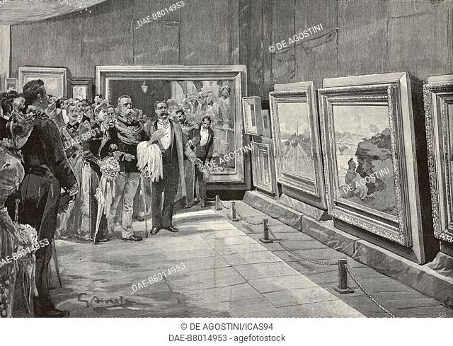 Umberto I (1844-1900), King of Italy, and his wife Margherita of Savoy (1851-1926) watching paintings by Francesco Lojacono (1838-1915) at Palermo National...