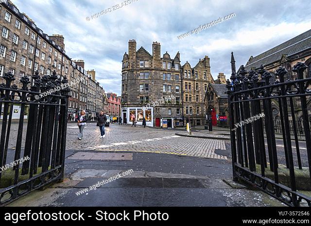 View from entrance of Hub building also called Tolbooth Kirk, former St John Church in Edinburgh, the capital of Scotland, United Kingdom