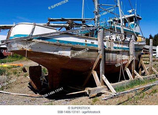Abandoned fishing boat at the coast, Cannery Museum, Icy Strait Point, Hoonah City, Chichagof Island, Alaska, USA