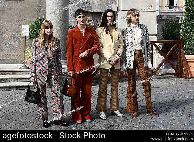 Members of Maneskin band from left Victoria De Angelis (bass player), Damiano David (vocalist), Ethan Torchio (drummer) Thomas Raggi (guitarist) in Rome's city...