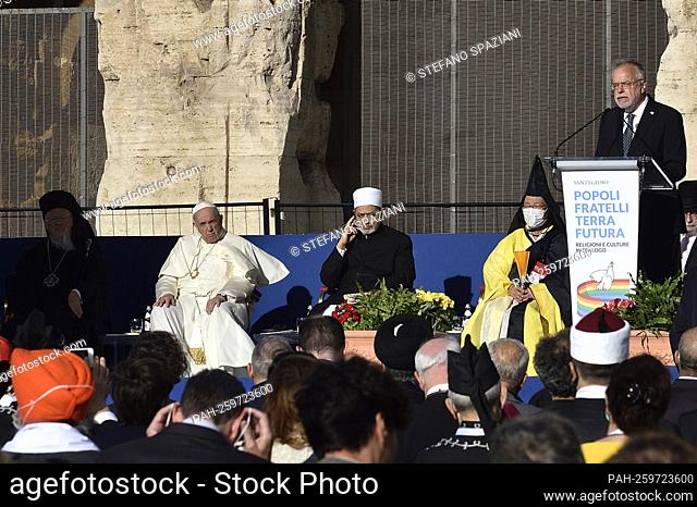 ROME, ITALY - OCTOBER 07:founder of Comunita` di Sant’Egidio Andrea Riccardi at Rome's Colosseum for an International Meeting for Peace with leaders of various...