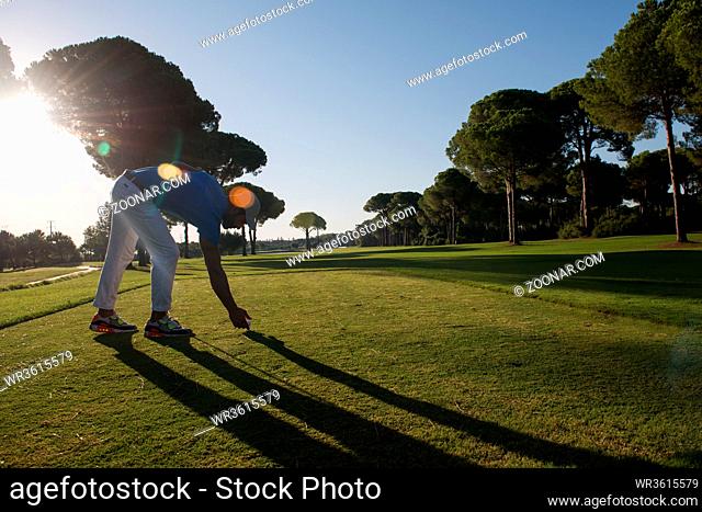 golf player placing ball on tee. beautiful sunrise on golf course landscape in background