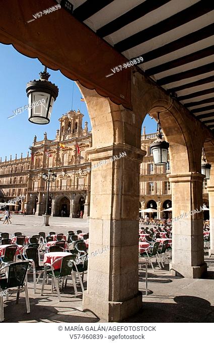 Main Square from the arcade. Salamanca, Castilla Leon, Spain