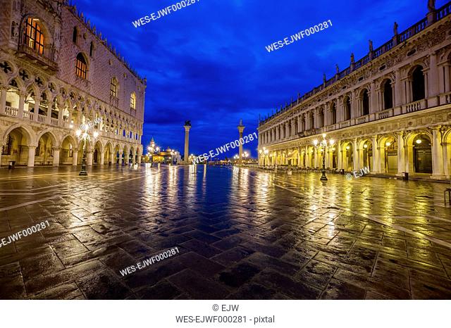 Italy, Venice, St Mark's Square with Doge's Palace at night