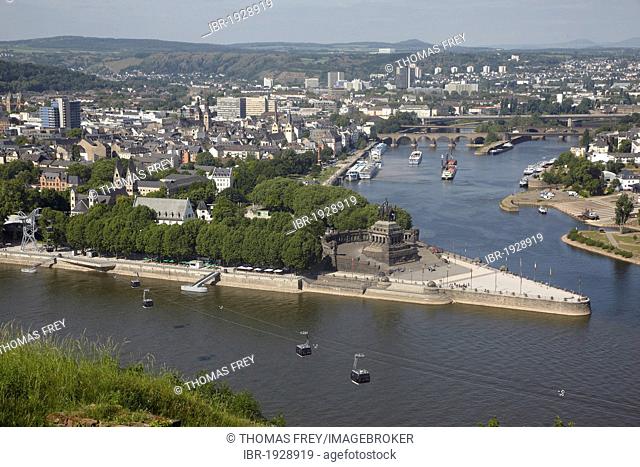 Deutsches Eck, German Corner, the confluence of the Rhine and Moselle rivers with the equestrian statue of Kaiser Wilhelm in Koblenz, Rhineland-Palatinate
