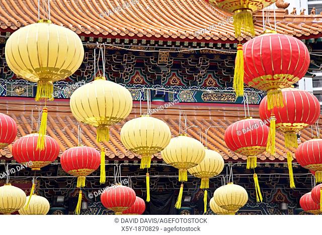 Chinese lanterns decorate Wong Tai Sin Temple  Also known as Sik Sik Yuen Wong Tai Sin Temple, is a Taoist Temple is located in Kowloon, Hong Kong, China