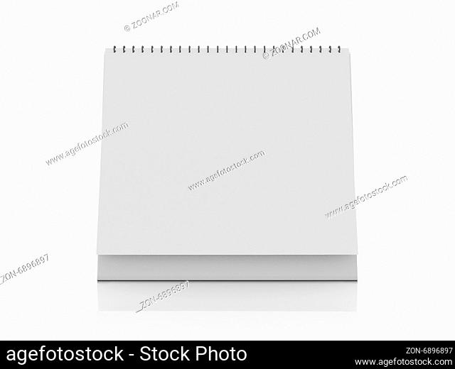 Blank desk calendar with reflection, front view, isolated on white background