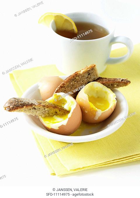 Soft Boiled Eggs with Whole Wheat Toast and a Cup of Tea