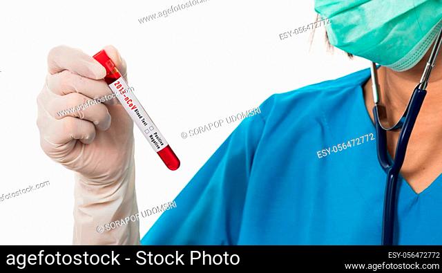 Nurse in blue uniform wear a mask holding test tube sample Coronavirus test blood in the laboratory for analyzing isolated on white background