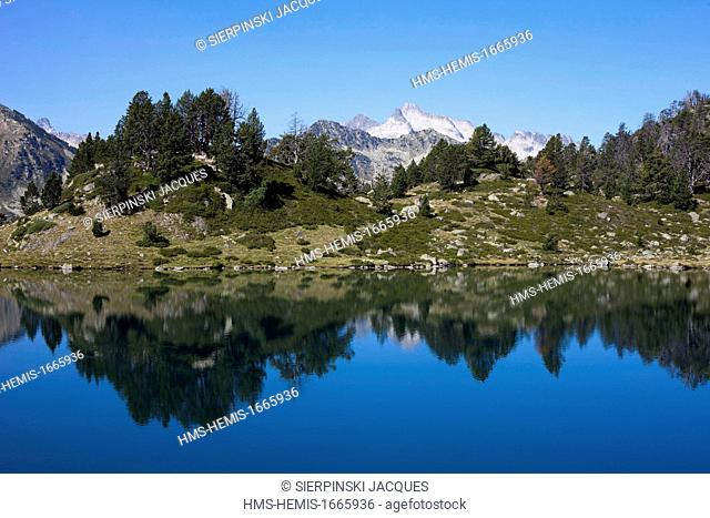 France, Hautes Pyrenees, Neouvielle Nature Reserve, reflection of Neouvielle peak in the lake of Bastan