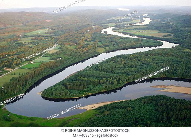 Aerial view, river in landscape. Klarälven, Värmland, Sweden