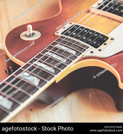 Gibson Les Paul model. Close up electric guitar vintage tone. Bergamo, ITALY - January 29, 2019