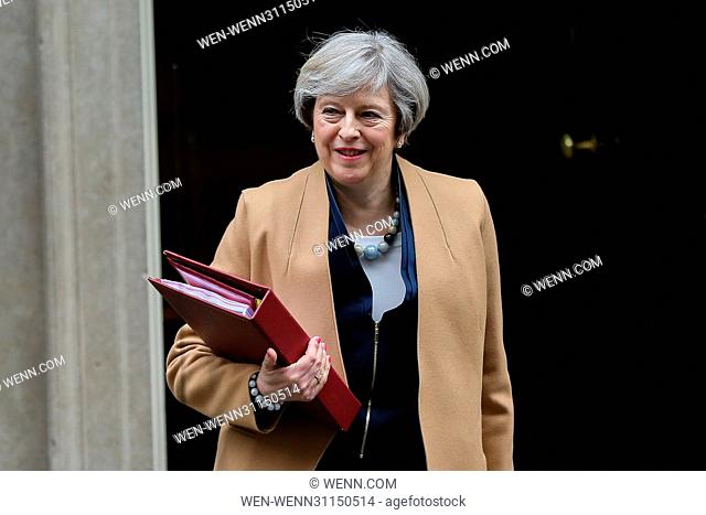 Prime minister Theresa May leaves Downing Street for Prime Minister's Questions Featuring: Theresa May Where: London, United Kingdom When: 08 Mar 2017 Credit:...