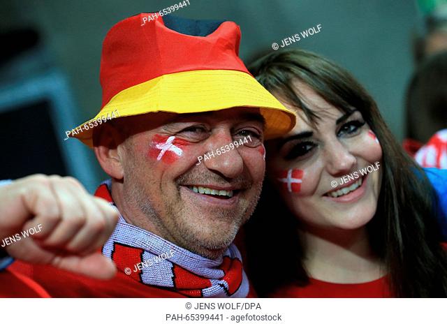 Supporters of Denmark cheer prior to the 2016 Men's European Championship handball group 2 match between Germany and Denmark at the Centennial Hall in Wroclaw