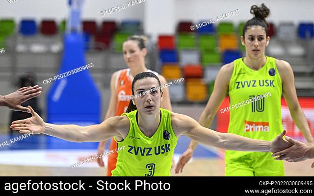 Teja Oblak of USK celebrates winning the European women Basketball league, quarterfinals, 1st game USK Praha vs Schio in Prague, Czech Republic, March 8, 2022