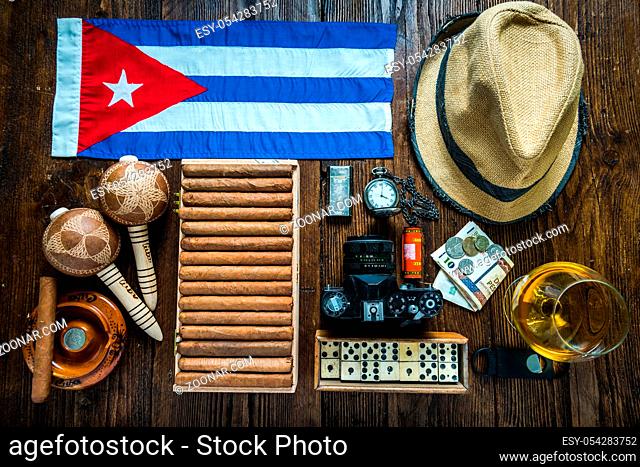 Travel to Cuba concept. Related items on table flat lay.View from above