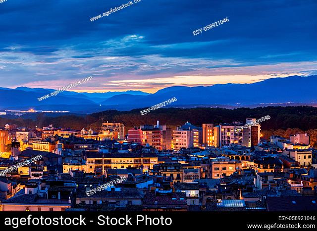 City of Girona twilight cityscape in Catalonia, Spain