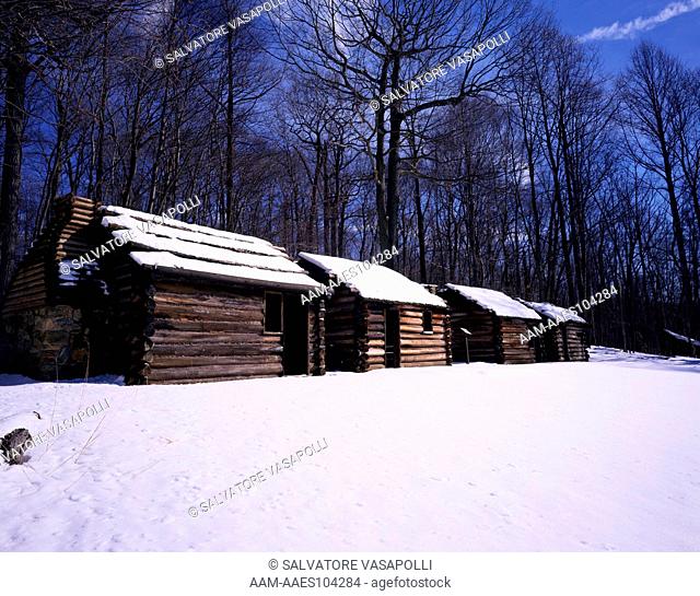 Soldiers huts in winter snow at Jockey Hollow, Morristown National Historical Park, Morris County, New Jersey