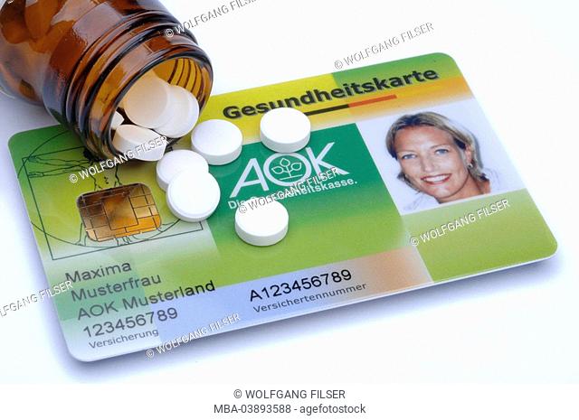 Policy holder-card, AOK, pills, detail, no property release, health insurance company, legally, health, illness, chip-card, health-card