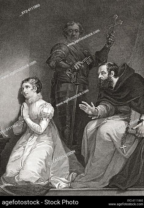 John Feckenham, by order of the Queen Mary I, visits Lady Jane Grey in the Tower of London to prepare her for her death After a print by William Bromley from...