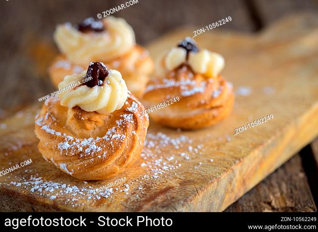 Delicious home made Zeppole pastries typical from south of Italy, Puglia, region